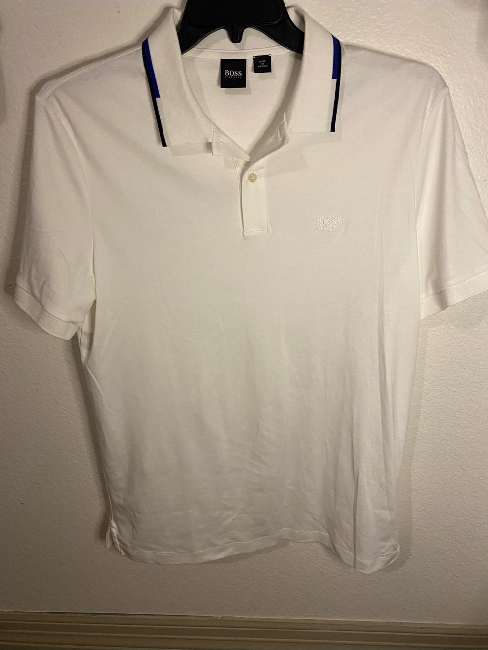 BOSS White Polo with Blue and Black Collar Trim size M